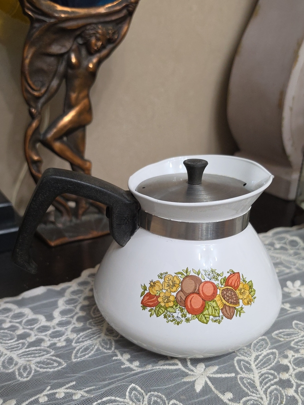 Vtg 1972 Corningware White Coffee Pot Floral Fruit Bouquet Decal Black Handle